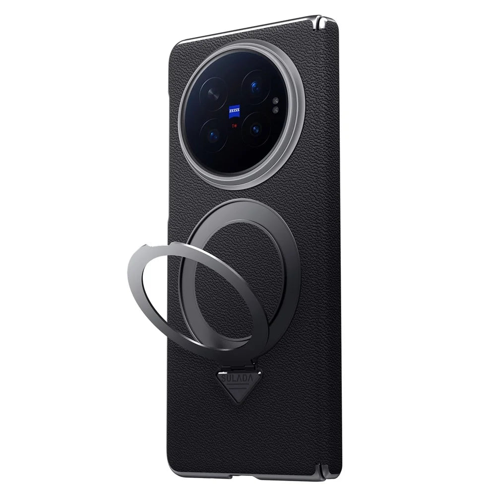 For vivo X Fold6 5G Magnetic Case Genuine Cow Leather + PC Kickstand Phone Cover - Black - 2