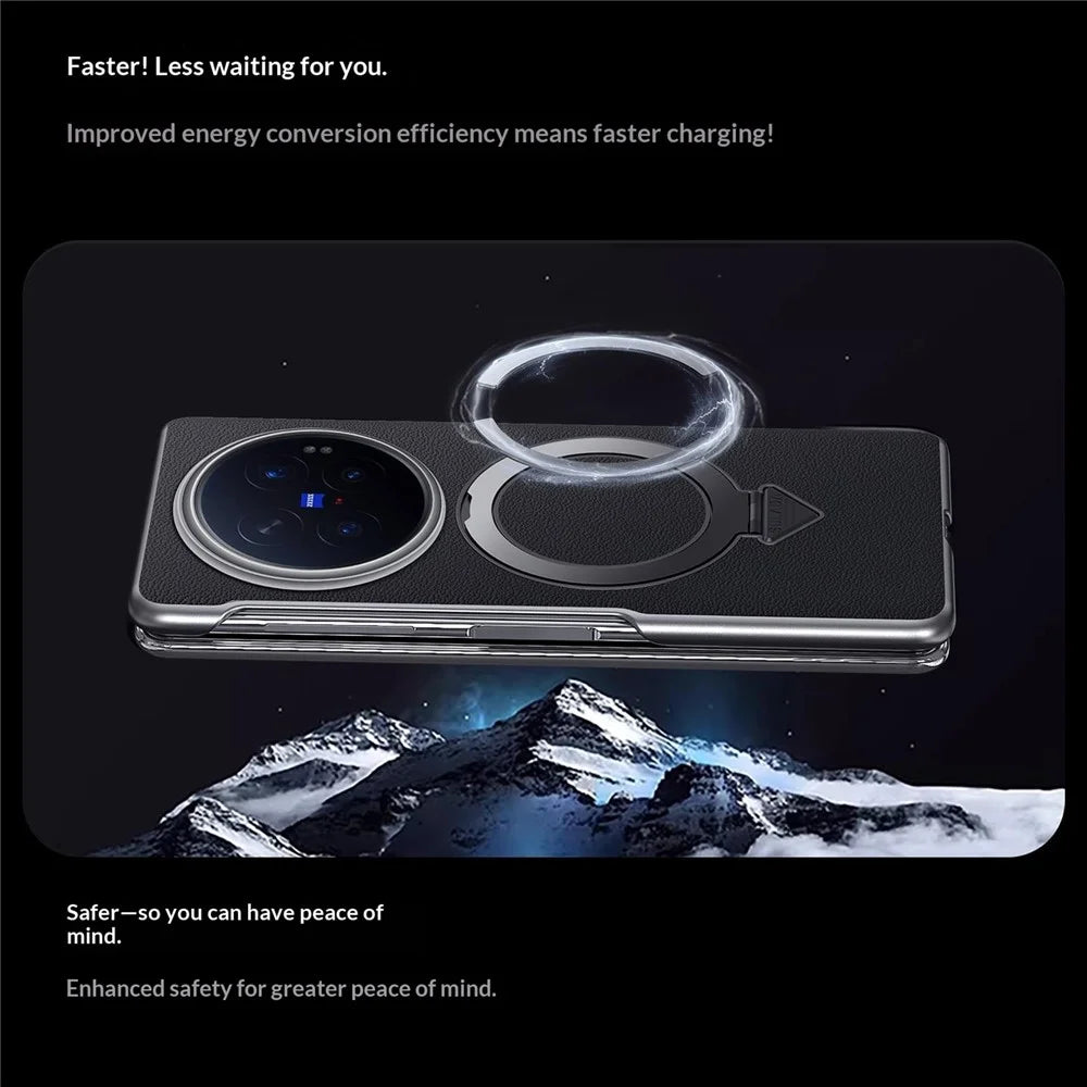 For vivo X Fold6 5G Magnetic Case Genuine Cow Leather + PC Kickstand Phone Cover - Black - 4