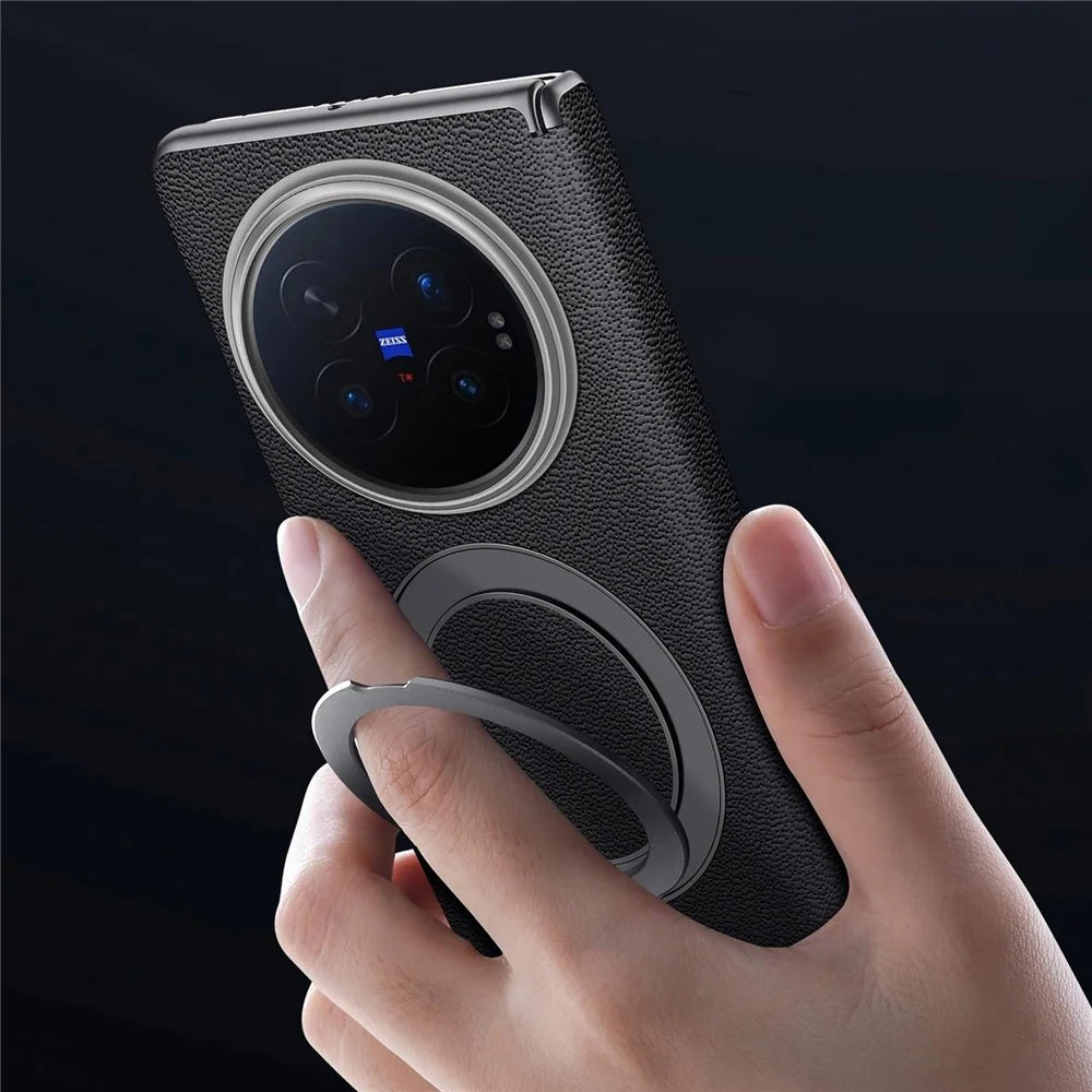 For vivo X Fold6 5G Magnetic Case Genuine Cow Leather + PC Kickstand Phone Cover - Black - 5