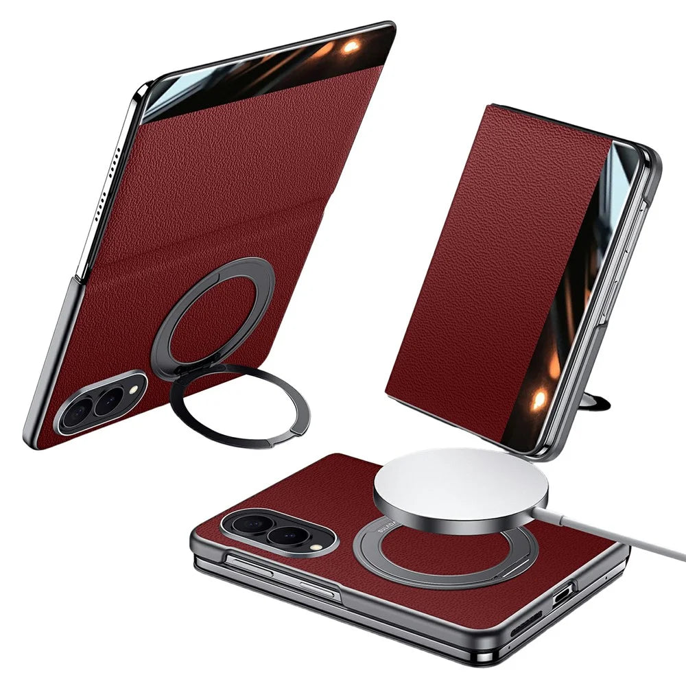 SULADA for Samsung Galaxy Z Fold8 Magnetic Case Kickstand Genuine Cow Leather Phone Cover with Card Slot - Red - 1