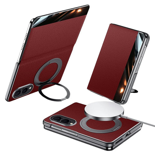 SULADA for Samsung Galaxy Z Fold8 Magnetic Case Kickstand Genuine Cow Leather Phone Cover with Card Slot - Red - 1