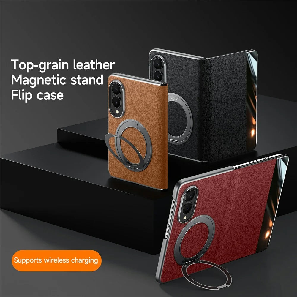SULADA for Samsung Galaxy Z Fold8 Magnetic Case Kickstand Genuine Cow Leather Phone Cover with Card Slot - Red - 2