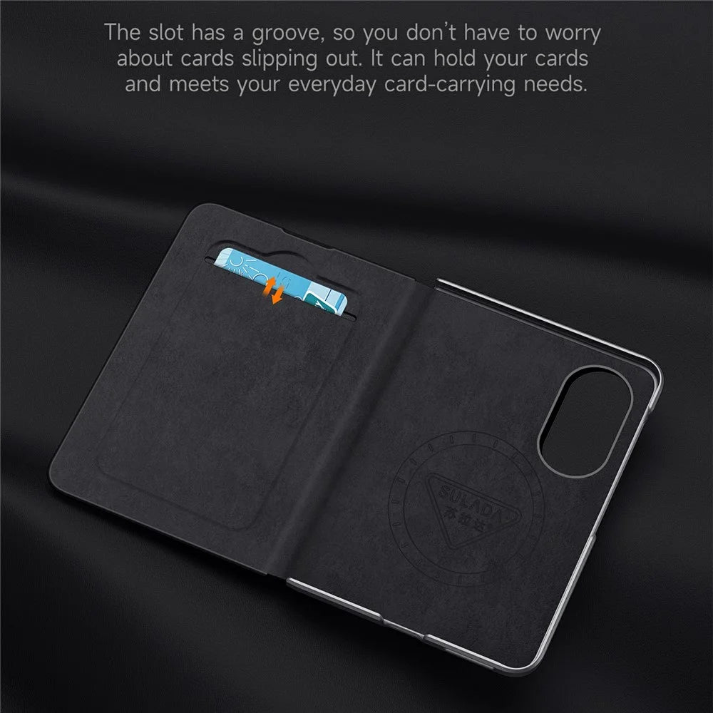 SULADA for Samsung Galaxy Z Fold8 Magnetic Case Kickstand Genuine Cow Leather Phone Cover with Card Slot - Red - 7