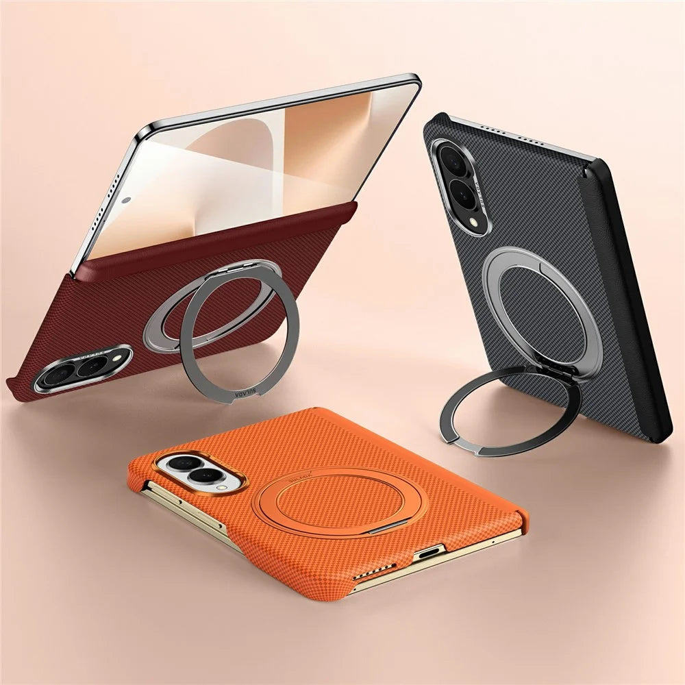 SULADA For Samsung Galaxy Z Fold8 Kickstand Magnetic Case Kevlar Grid Textured Anti Fingerprint PC Phone Cover - Orange - 2