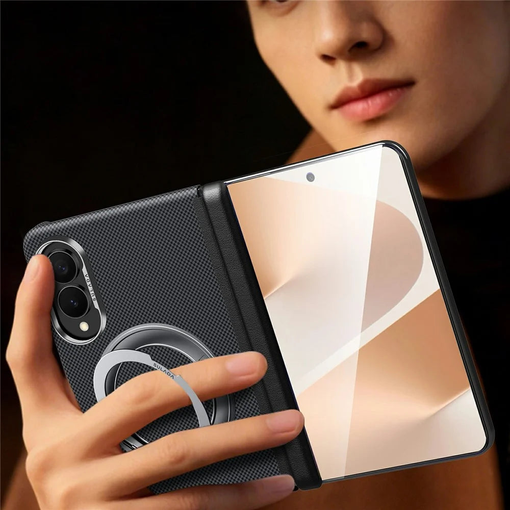 SULADA For Samsung Galaxy Z Fold8 Kickstand Magnetic Case Kevlar Grid Textured Anti Fingerprint PC Phone Cover - Orange - 4
