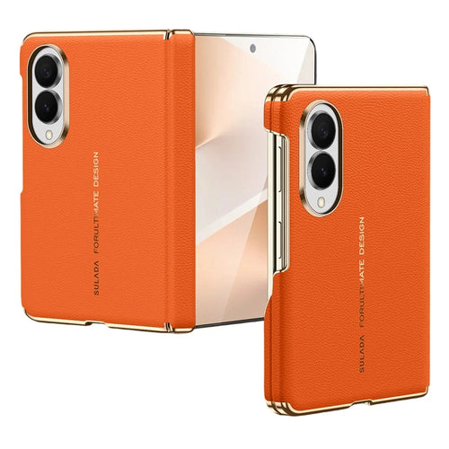 SULADA for Samsung Galaxy Z Fold8 Magnetic Case Dual-Axis Design Hinge Protection Genuine Cow Leather + PC Phone Cover - Orange - 1