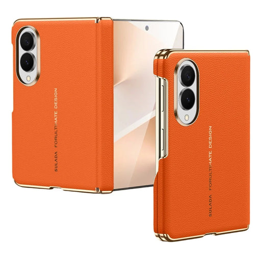 SULADA for Samsung Galaxy Z Fold8 Magnetic Case Dual-Axis Design Hinge Protection Genuine Cow Leather + PC Phone Cover - Orange - 1