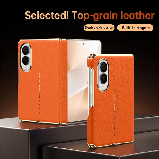 SULADA for Samsung Galaxy Z Fold8 Magnetic Case Dual-Axis Design Hinge Protection Genuine Cow Leather + PC Phone Cover - Orange - 2