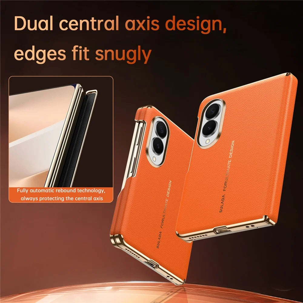 SULADA for Samsung Galaxy Z Fold8 Magnetic Case Dual-Axis Design Hinge Protection Genuine Cow Leather + PC Phone Cover - Orange - 3