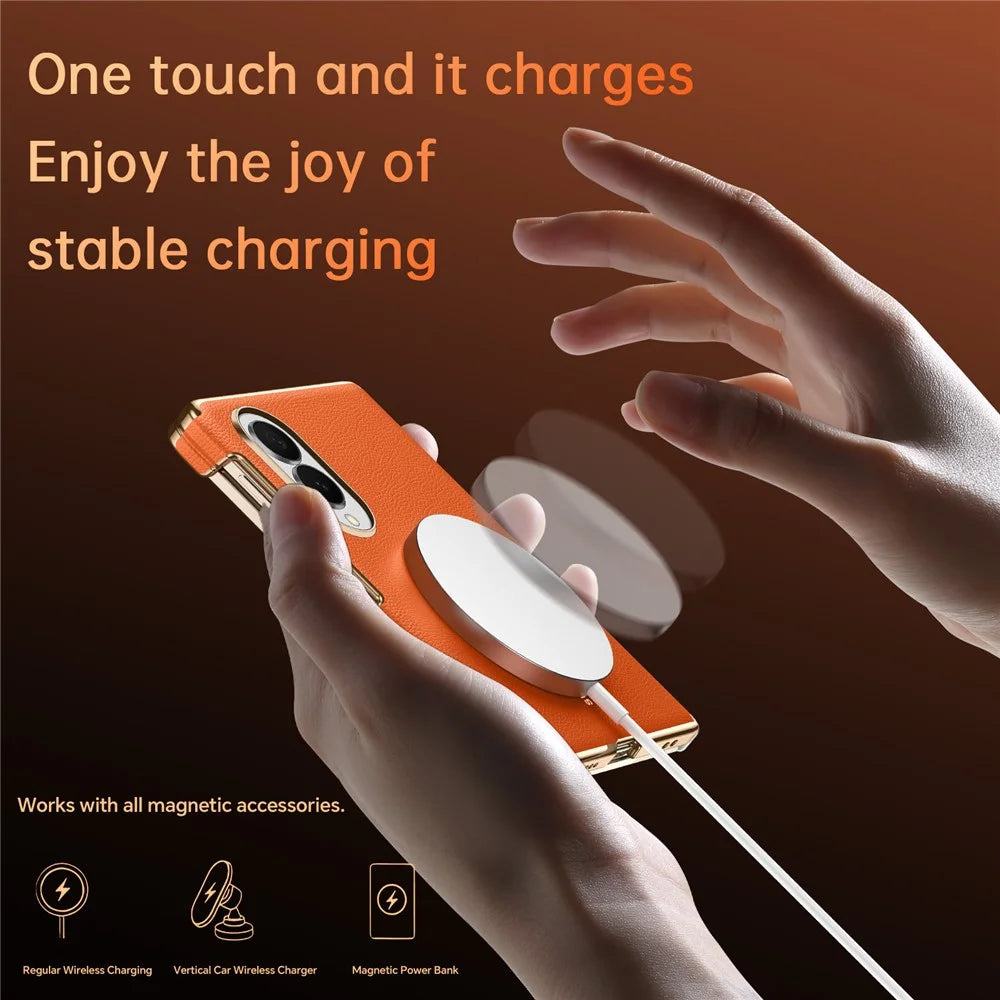 SULADA for Samsung Galaxy Z Fold8 Magnetic Case Dual-Axis Design Hinge Protection Genuine Cow Leather + PC Phone Cover - Orange - 4