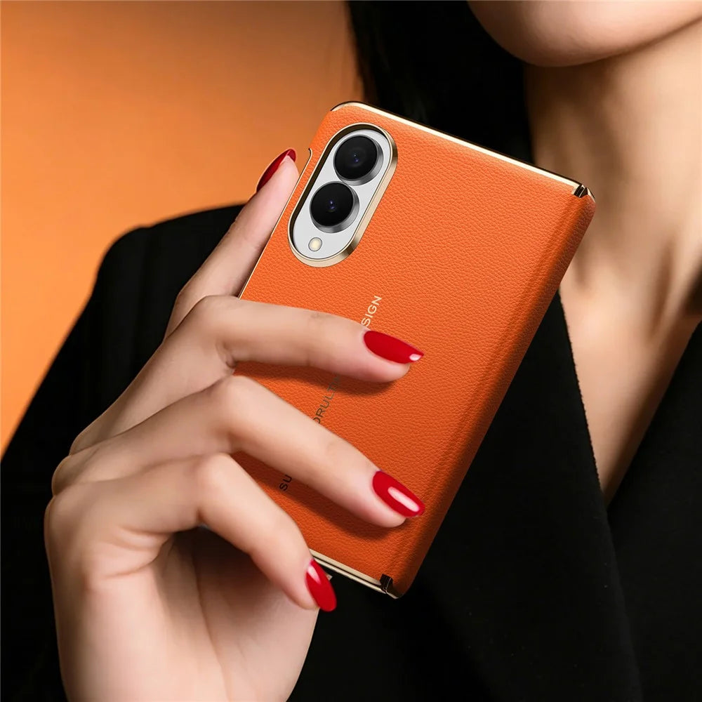 SULADA for Samsung Galaxy Z Fold8 Magnetic Case Dual-Axis Design Hinge Protection Genuine Cow Leather + PC Phone Cover - Orange - 6