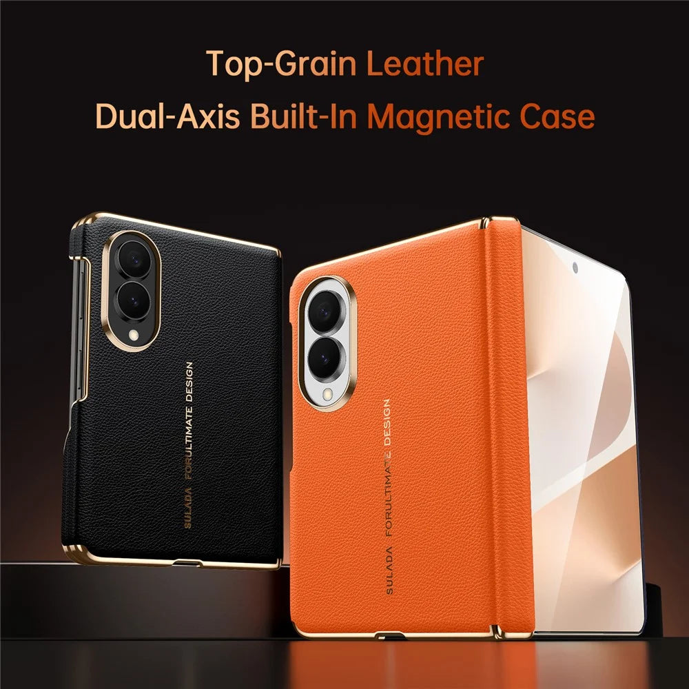 SULADA for Samsung Galaxy Z Fold8 Magnetic Case Dual-Axis Design Hinge Protection Genuine Cow Leather + PC Phone Cover - Orange - 7