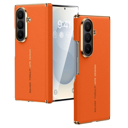 SULADA for Samsung Galaxy Z Fold8 Ultra Magnetic Case Dual-Axis Design Hinge Protection Genuine Cow Leather + PC Phone Cover - Orange - 1