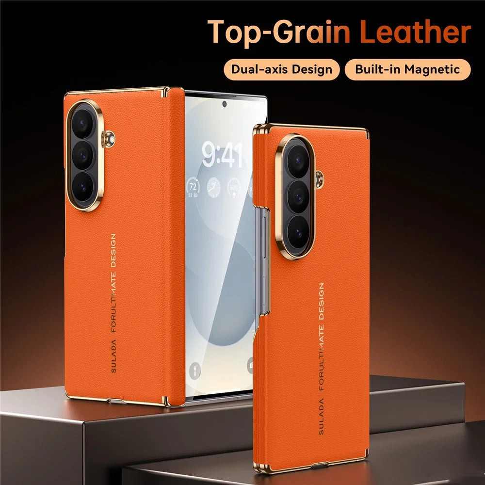 SULADA for Samsung Galaxy Z Fold8 Ultra Magnetic Case Dual-Axis Design Hinge Protection Genuine Cow Leather + PC Phone Cover - Orange - 2