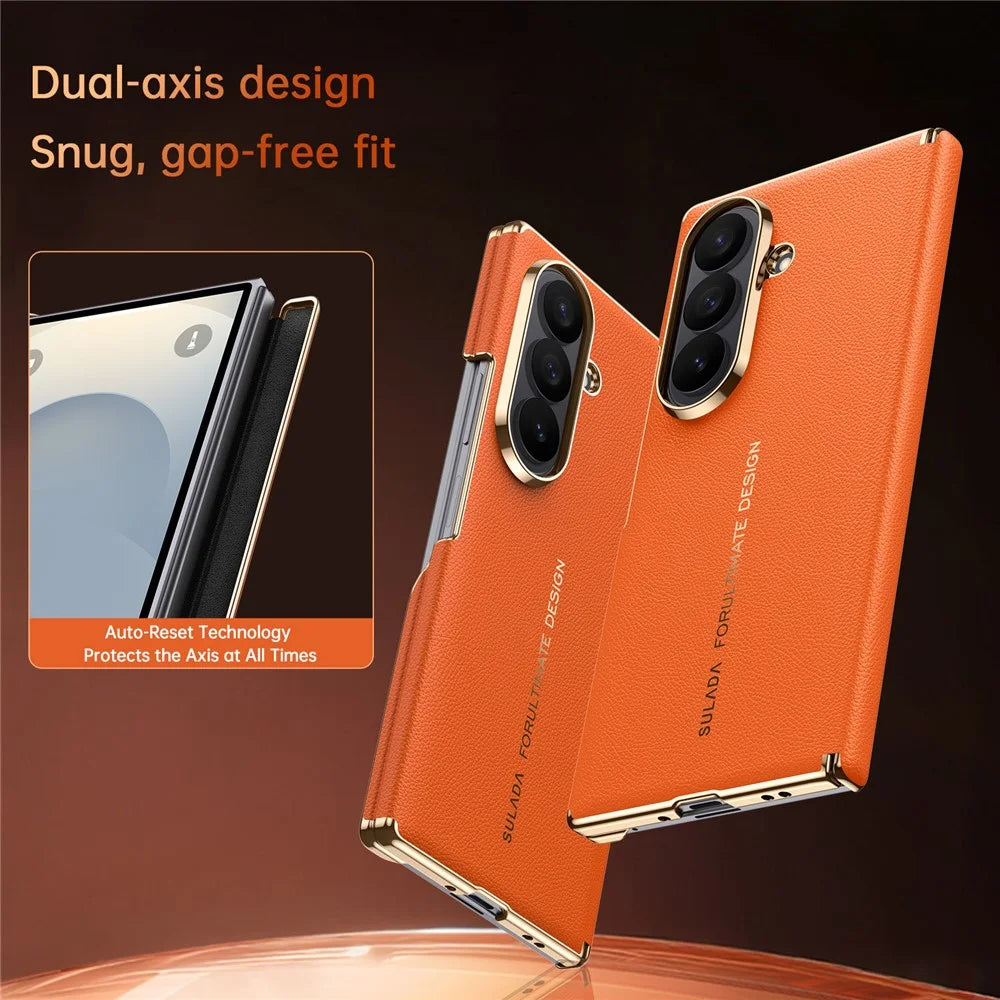 SULADA for Samsung Galaxy Z Fold8 Ultra Magnetic Case Dual-Axis Design Hinge Protection Genuine Cow Leather + PC Phone Cover - Orange - 3