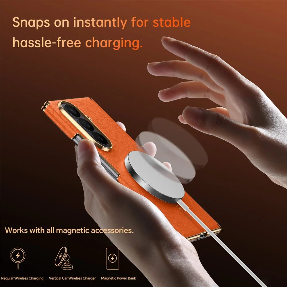 SULADA for Samsung Galaxy Z Fold8 Ultra Magnetic Case Dual-Axis Design Hinge Protection Genuine Cow Leather + PC Phone Cover - Orange - 4