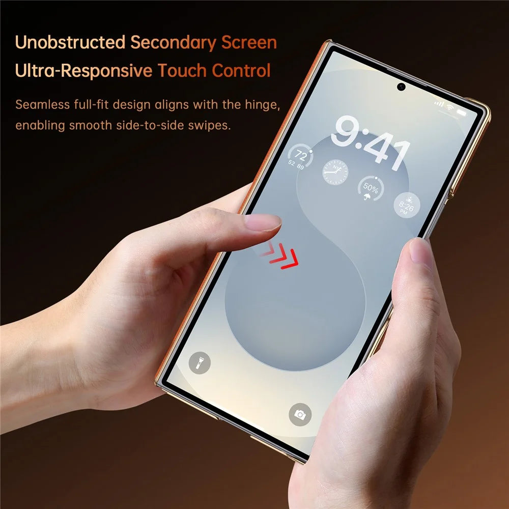 SULADA for Samsung Galaxy Z Fold8 Ultra Magnetic Case Dual-Axis Design Hinge Protection Genuine Cow Leather + PC Phone Cover - Orange - 5