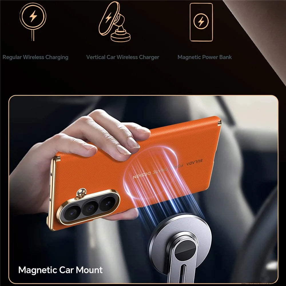 SULADA for Samsung Galaxy Z Fold8 Ultra Magnetic Case Dual-Axis Design Hinge Protection Genuine Cow Leather + PC Phone Cover - Orange - 6