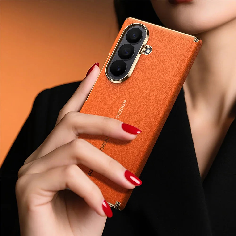 SULADA for Samsung Galaxy Z Fold8 Ultra Magnetic Case Dual-Axis Design Hinge Protection Genuine Cow Leather + PC Phone Cover - Orange - 7