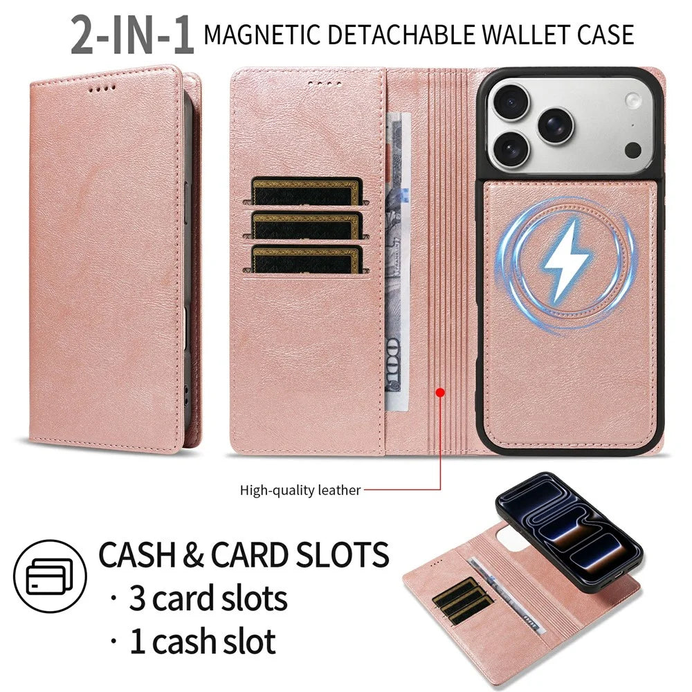 For iPhone 18 Pro Max / 17 Pro Max Magnetic Case Detachable 2 in 1 Leather Wallet Phone Cover - Rose Gold - 4