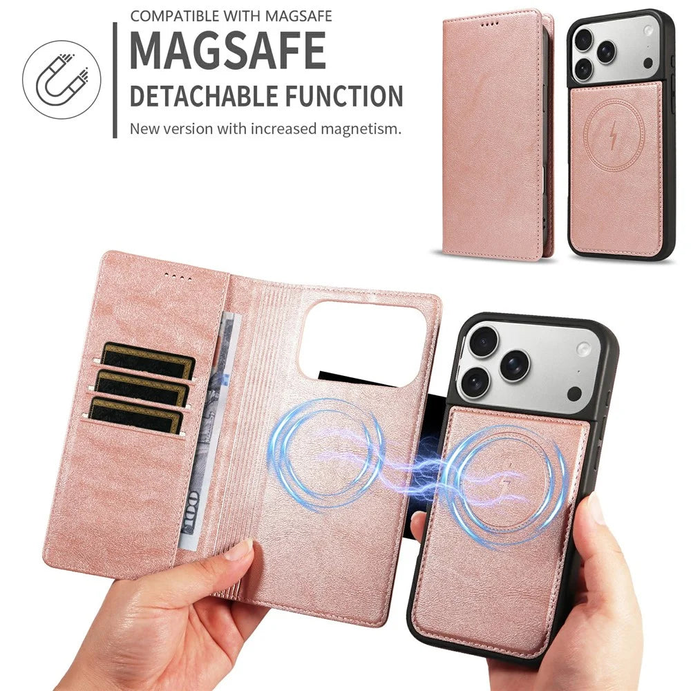 For iPhone 18 Pro Max / 17 Pro Max Magnetic Case Detachable 2 in 1 Leather Wallet Phone Cover - Rose Gold - 5