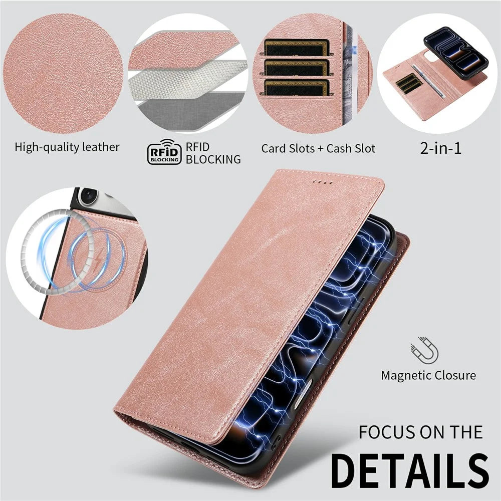 For iPhone 18 Pro Max / 17 Pro Max Magnetic Case Detachable 2 in 1 Leather Wallet Phone Cover - Rose Gold - 6