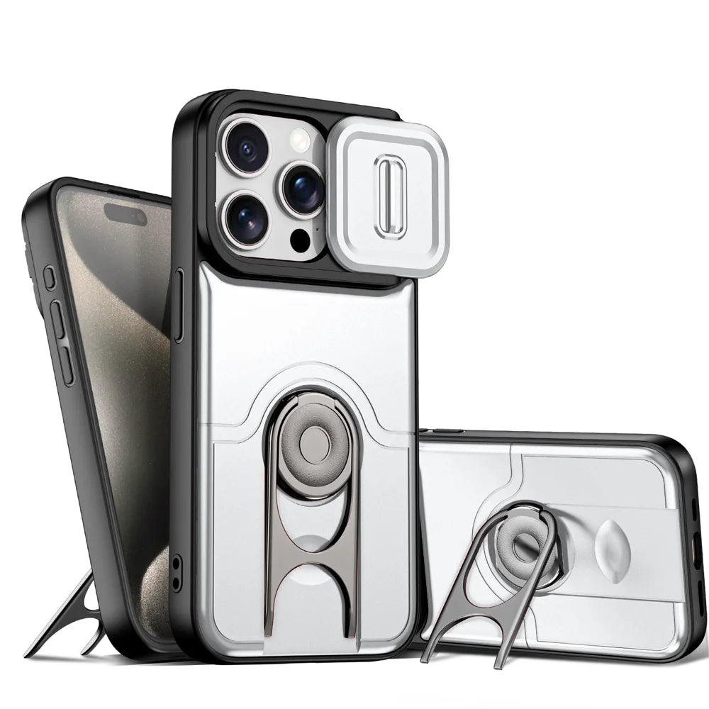 For iPhone 15 Pro Max Case with Slide Camera Cover Kickstand PC + TPU Protective Phone Shell - Silver - 1