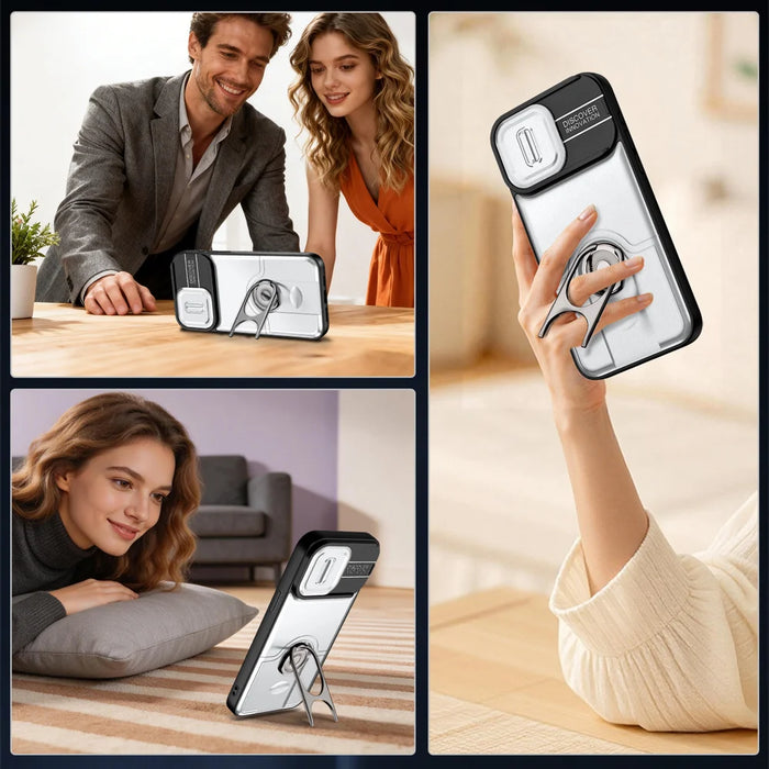 For iPhone 15 Pro Max Case with Slide Camera Cover Kickstand PC + TPU Protective Phone Shell - Silver - 4
