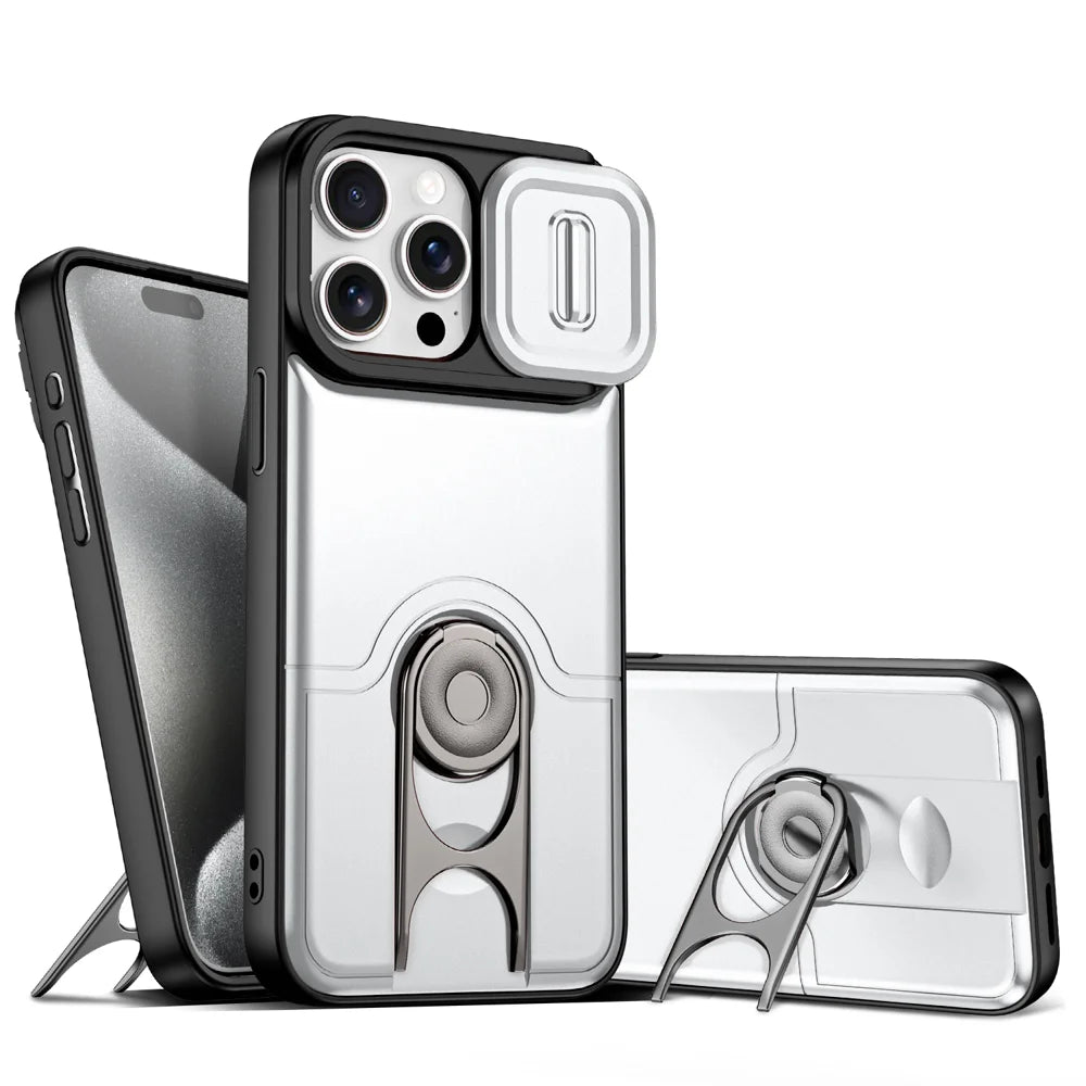 For iPhone 13 Pro Case with Slide Camera Cover Kickstand PC + TPU Protective Phone Shell - Silver - 1