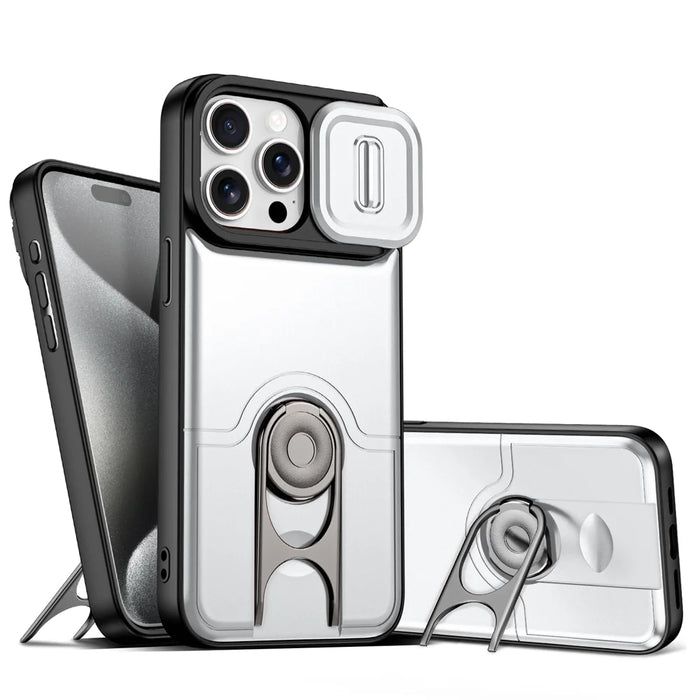 For iPhone 13 Pro Case with Slide Camera Cover Kickstand PC + TPU Protective Phone Shell - Silver - 1
