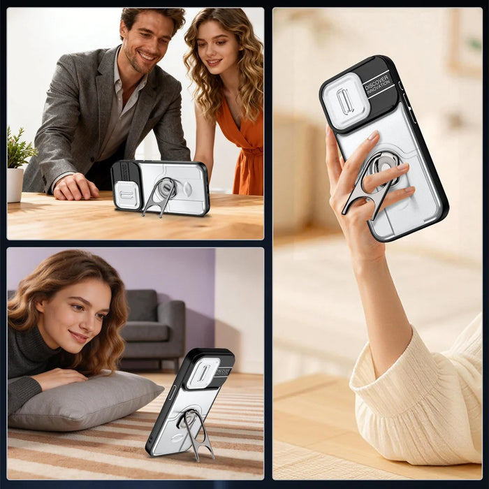 For iPhone 14 Pro Max Case with Slide Camera Cover Kickstand PC + TPU Protective Phone Shell - Silver - 4