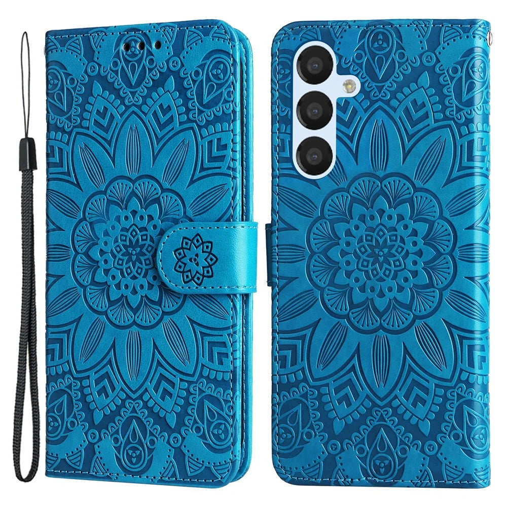 For Samsung Galaxy A54 5G Imprinted Sunflower Anti-scratch PU Leather Phone Case Stand Wallet Cover with Wrist Strap - Blue - 1