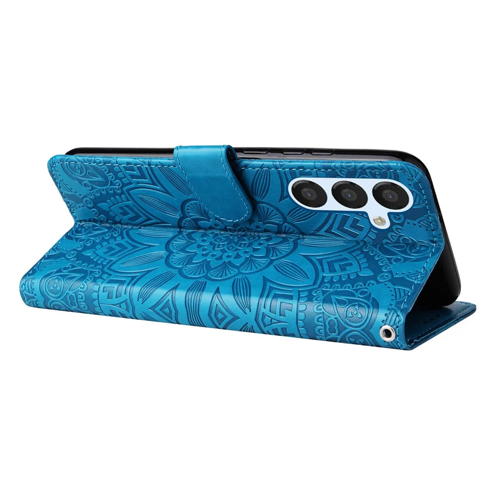 For Samsung Galaxy A54 5G Imprinted Sunflower Anti-scratch PU Leather Phone Case Stand Wallet Cover with Wrist Strap - Blue - 4