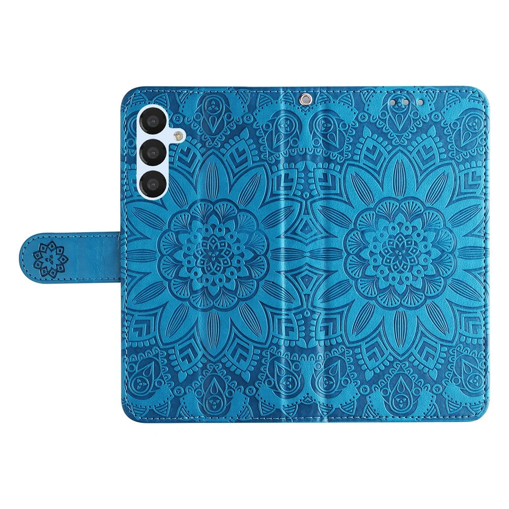 For Samsung Galaxy A54 5G Imprinted Sunflower Anti-scratch PU Leather Phone Case Stand Wallet Cover with Wrist Strap - Blue - 5
