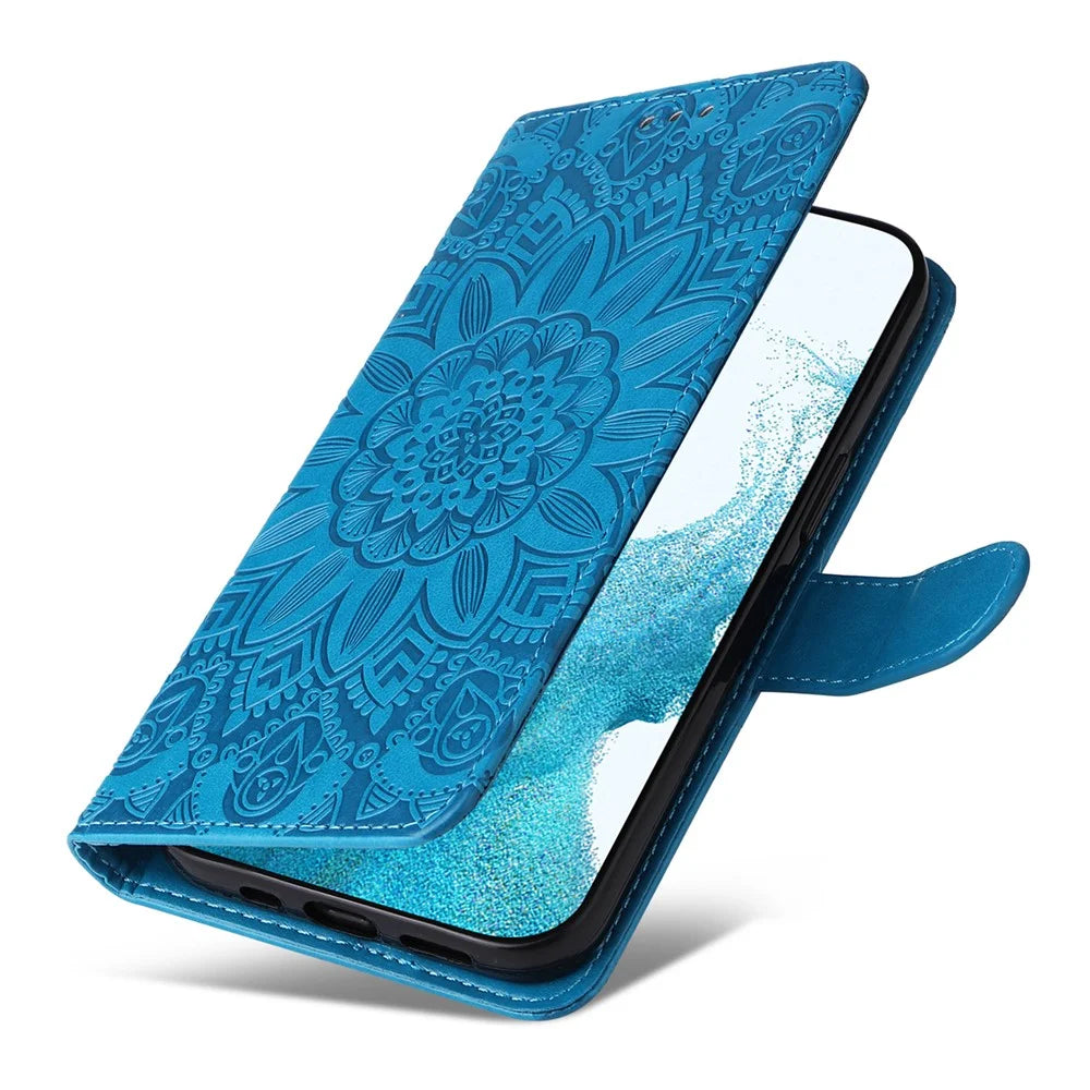 For Samsung Galaxy A54 5G Imprinted Sunflower Anti-scratch PU Leather Phone Case Stand Wallet Cover with Wrist Strap - Blue - 7