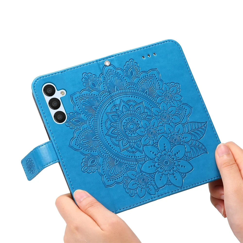 For Samsung Galaxy A54 5G Imprinted Flower Pattern PU Leather Case Magnetic Clasp Stand Wallet Anti-scratch Phone Cover with Strap - Blue - 4