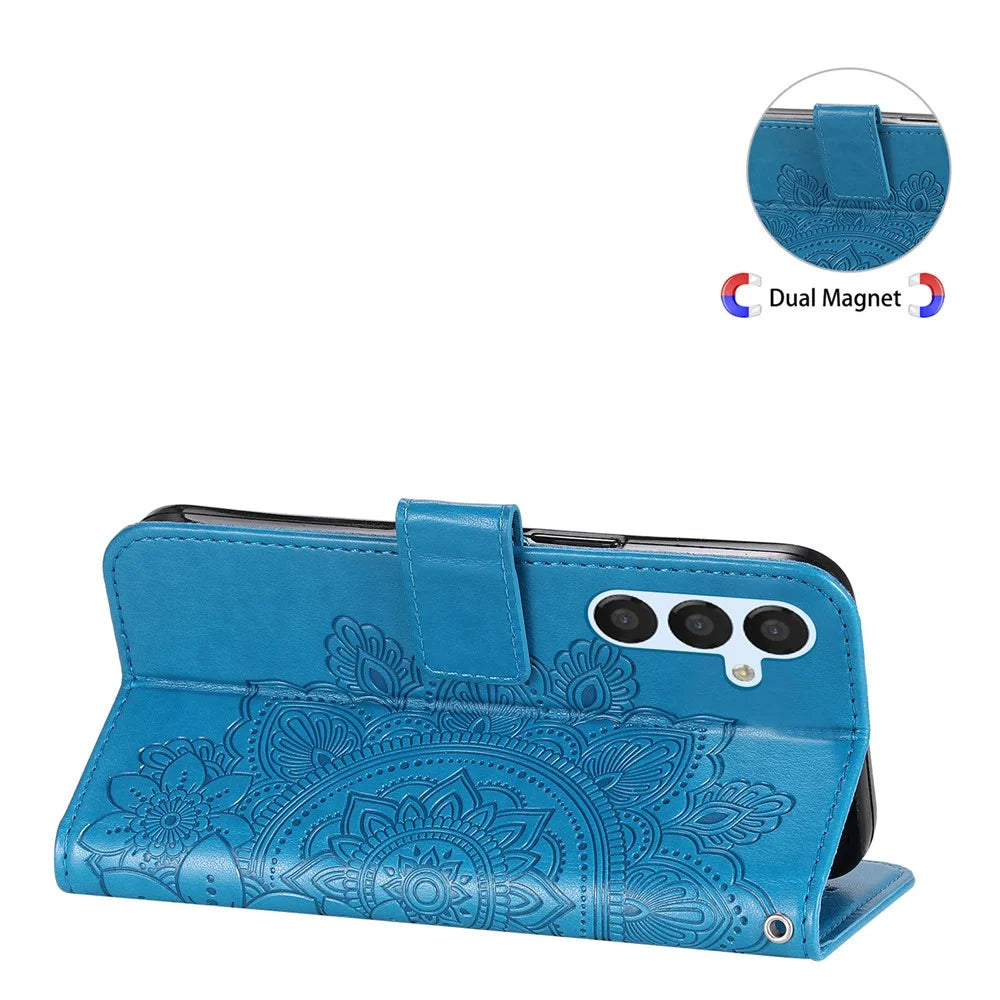 For Samsung Galaxy A54 5G Imprinted Flower Pattern PU Leather Case Magnetic Clasp Stand Wallet Anti-scratch Phone Cover with Strap - Blue - 5