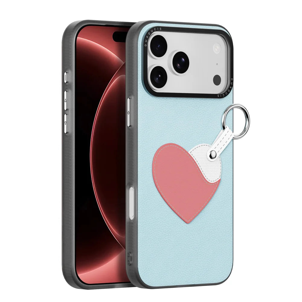 DUX DUCIS for iPhone 18 Pro / 17 Pro Case  Luvy Series PU Leather + PC Phone Case with Finger Ring / Strap - Sky Blue-Love - 1