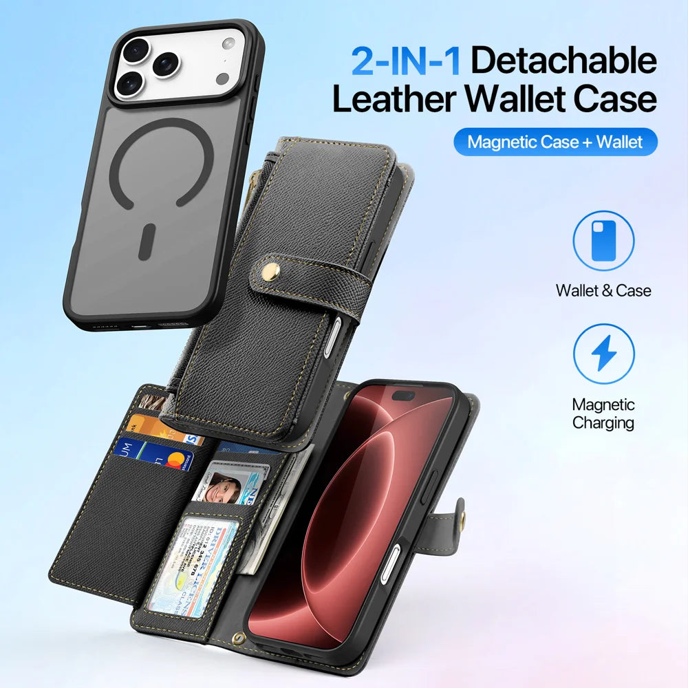 DUX DUCIS for iPhone 18 Pro / 17 Pro Case  Lawa Series Detachable Magnetic Cowhide Leather Cover Zipper Wallet - Black - 3