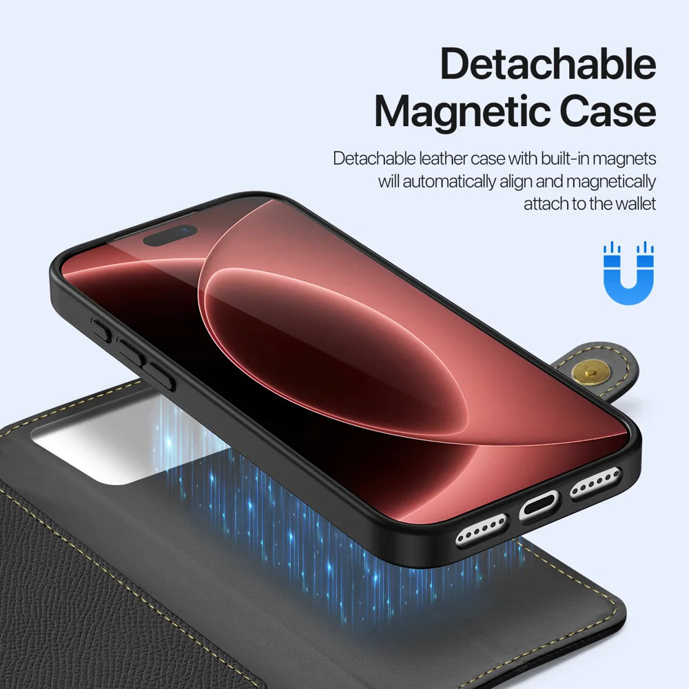DUX DUCIS for iPhone 18 Pro / 17 Pro Case  Lawa Series Detachable Magnetic Cowhide Leather Cover Zipper Wallet - Black - 5