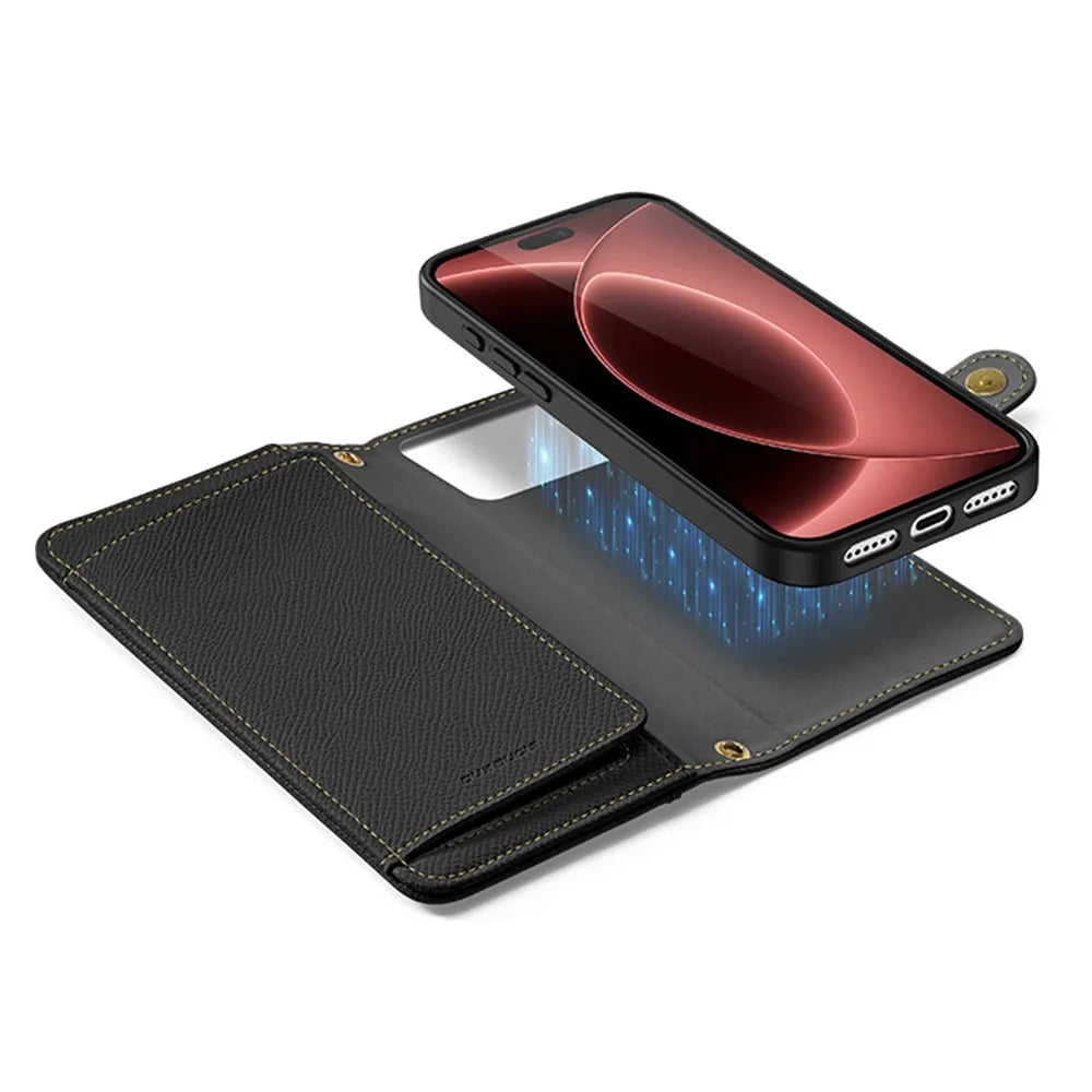 DUX DUCIS Lawa Series for iPhone 18 Pro Max / 17 Pro Max Cowhide Leather Case 2 in 1 Magnetic Detachable Zipper Wallet - Black - 3
