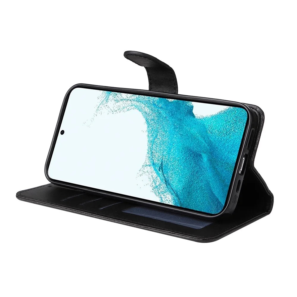 For Samsung Galaxy A54 5G PU Leather Wallet Shockproof Phone Cover Anti-scratch Classic Calf Texture Phone Stand Case with Wrist Strap - Black - 3