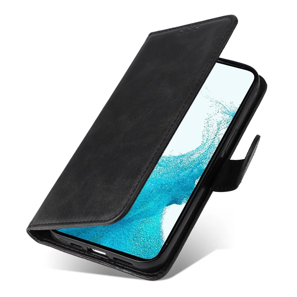 For Samsung Galaxy A54 5G PU Leather Wallet Shockproof Phone Cover Anti-scratch Classic Calf Texture Phone Stand Case with Wrist Strap - Black - 5
