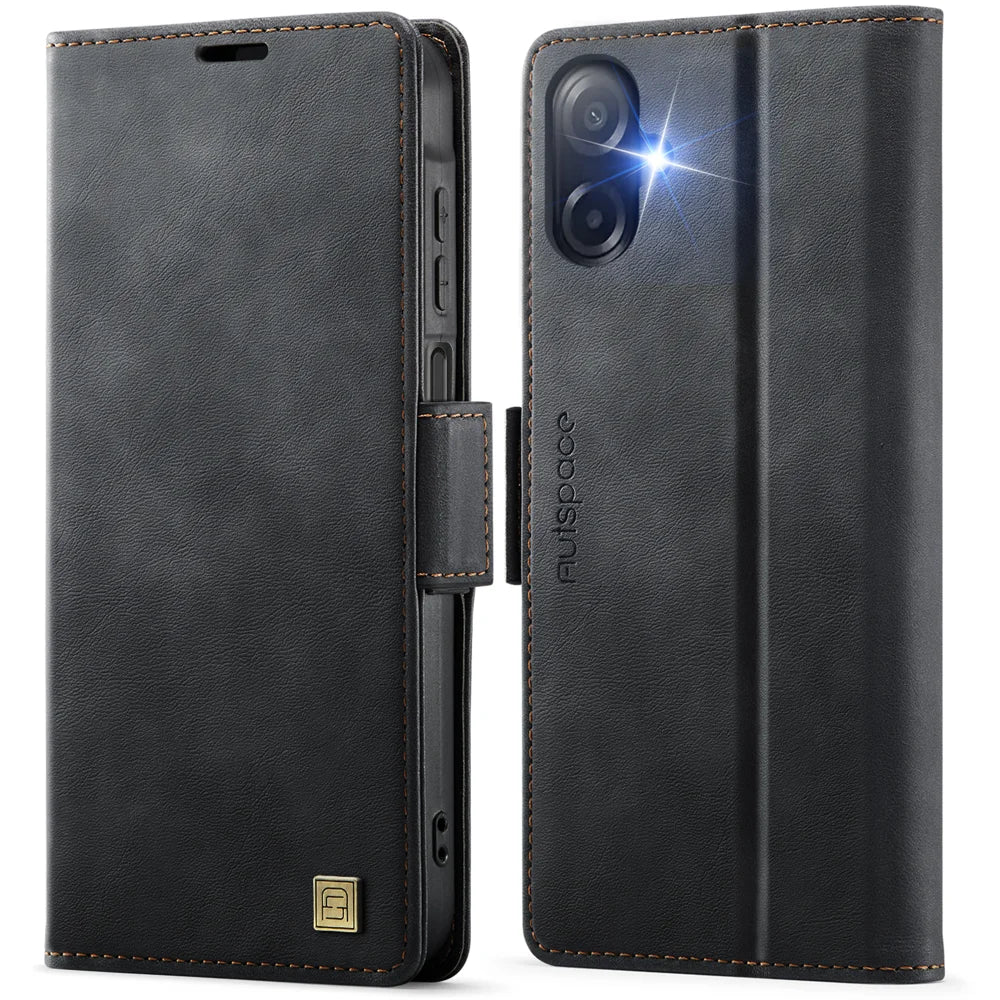 AUTSPACE for Samsung Galaxy A07 4G / Galaxy A06 4G / Galaxy A06 5G / Galaxy A08 5G / Galaxy A08 4G A11 Case RFID Blocking Retro Leather Cell Phone Wallet Cover - Black - 1