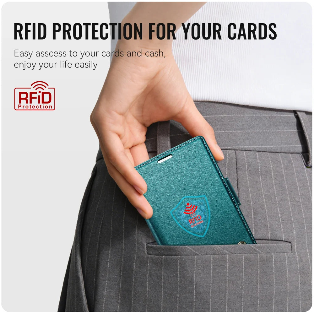 CASEME for Samsung Galaxy Z Fold8 Case  023 Series RFID Blocking Wallet Stand Glossy Litchi Texture Leather Phone Cover - Green - 4