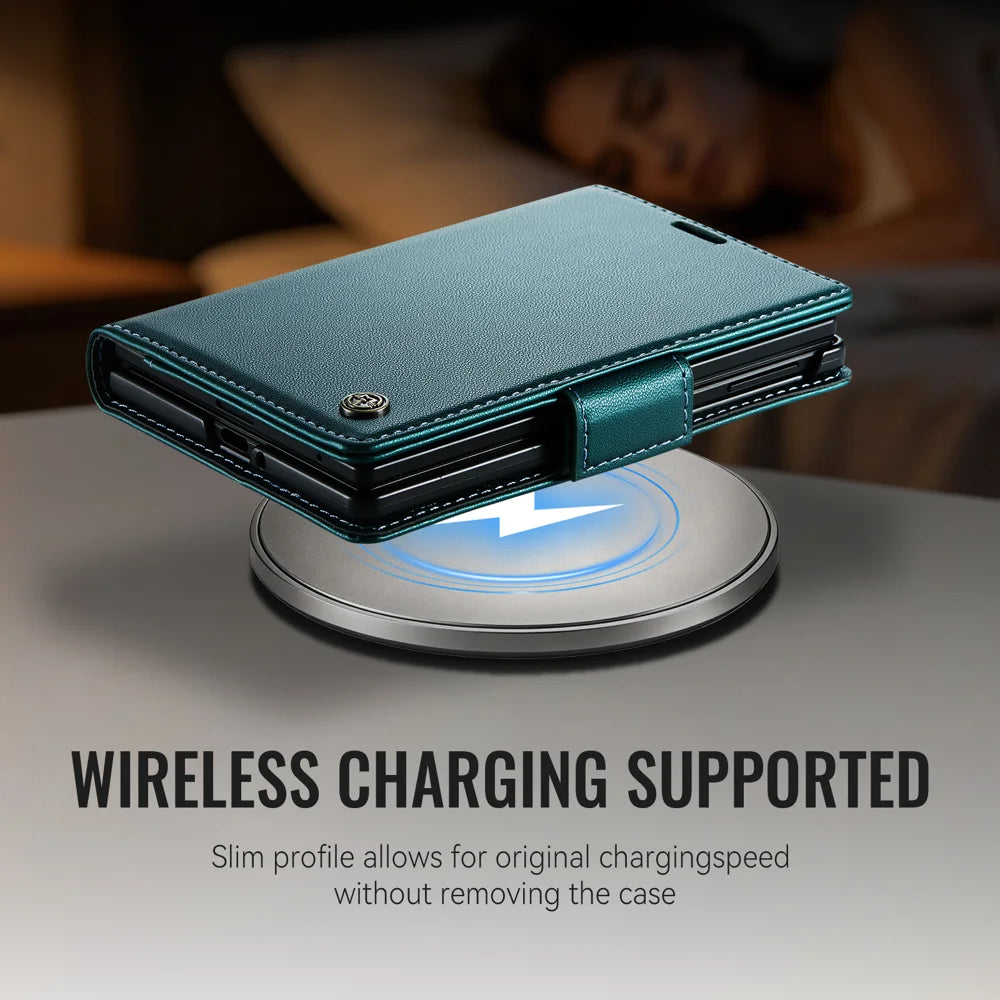 CASEME for Samsung Galaxy Z Fold8 Case  023 Series RFID Blocking Wallet Stand Glossy Litchi Texture Leather Phone Cover - Green - 5
