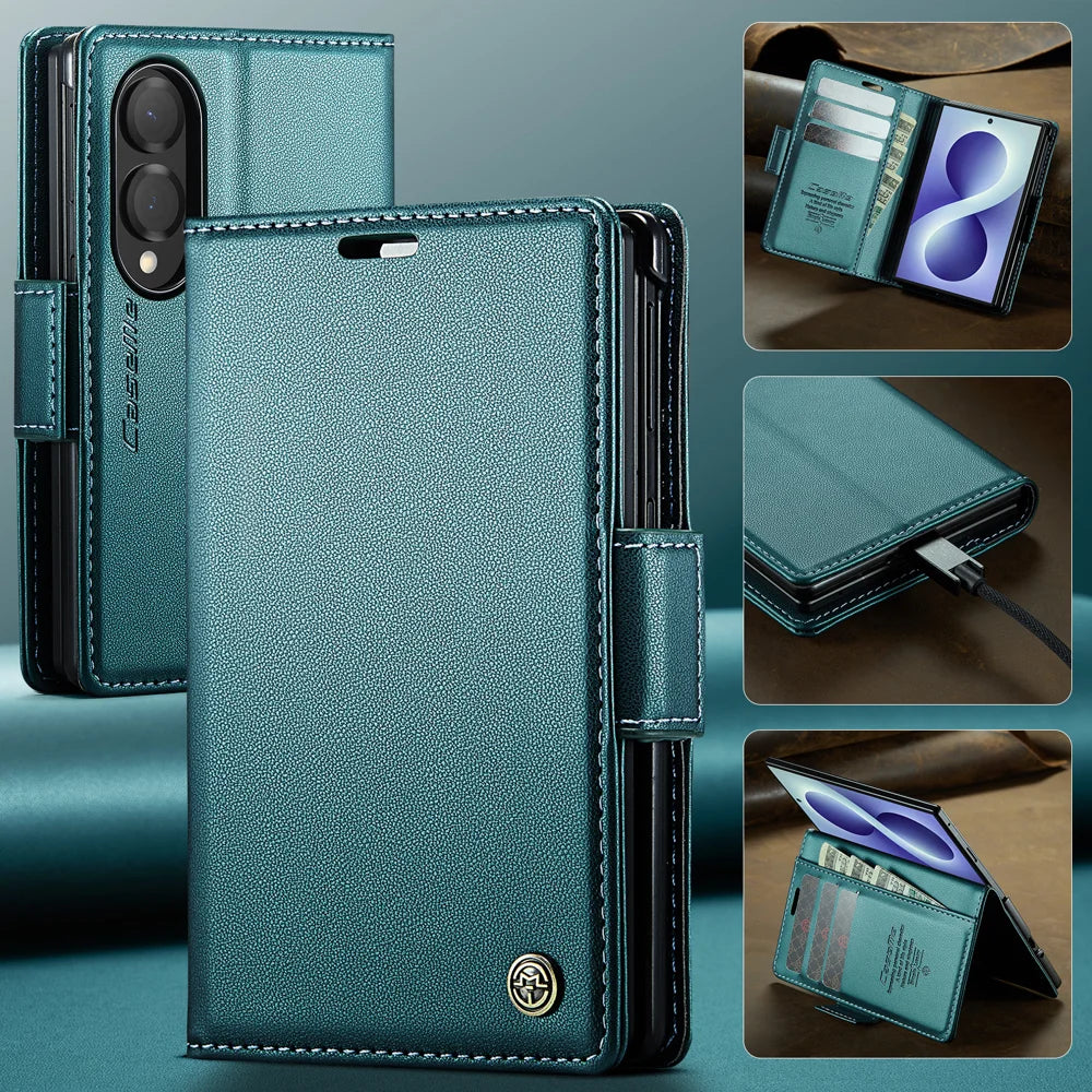 CASEME for Samsung Galaxy Z Fold8 Case  023 Series RFID Blocking Wallet Stand Glossy Litchi Texture Leather Phone Cover - Green - 6