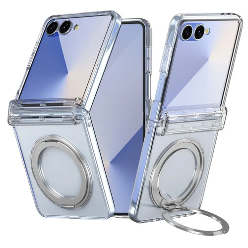 For Samsung Galaxy Z Flip8 Magnetic Case 360° Rotating Kickstand Electroplated Hinge PC Phone Cover with Tempered Glass Film - Transparent - 1