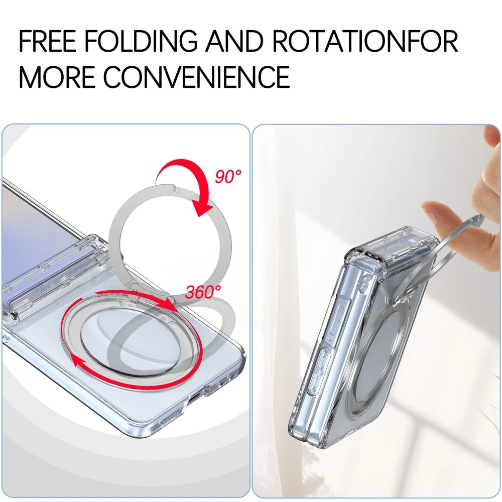 For Samsung Galaxy Z Flip8 Magnetic Case 360° Rotating Kickstand Electroplated Hinge PC Phone Cover with Tempered Glass Film - Transparent - 2