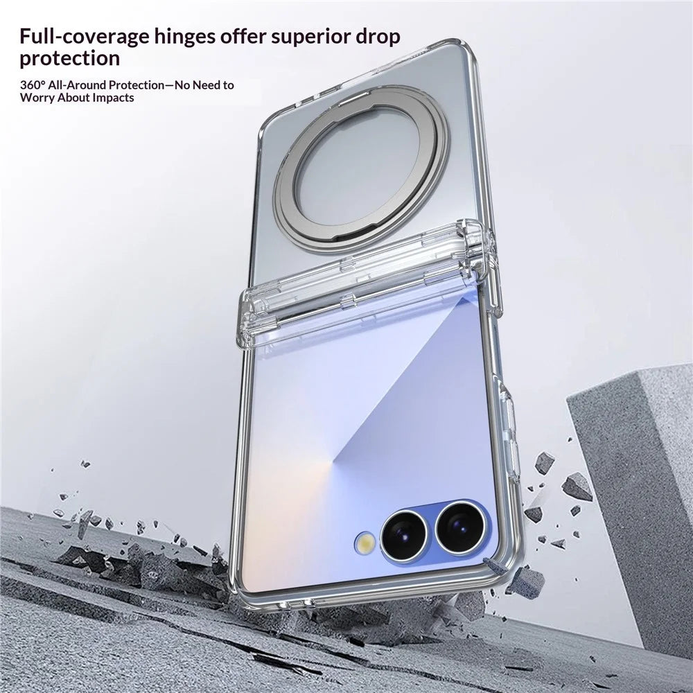 For Samsung Galaxy Z Flip8 Magnetic Case 360° Rotating Kickstand Electroplated Hinge PC Phone Cover with Tempered Glass Film - Transparent - 3